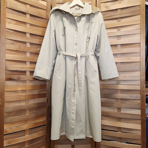 Vintage AstorOne Tan Trench Coat Removable Fleece Liner Hood Winter Women 14 - Picture 1 of 12